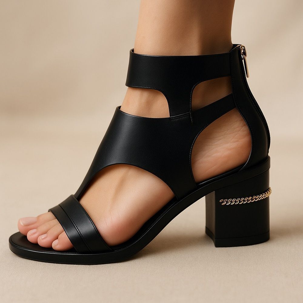 Jimmy Choo Valla-Style Black Leather Block Heel Sandals w/ Chain Detail, Size 38